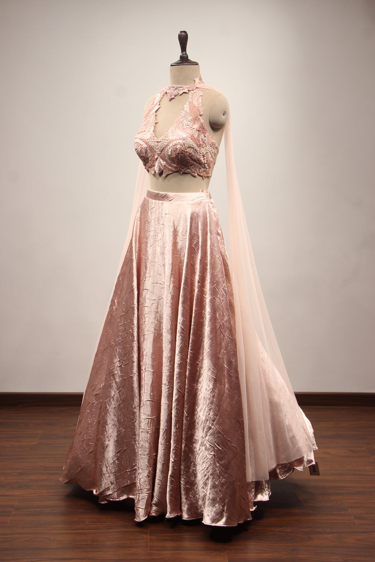 Satin Crush Lehenga with Halter Neck, Sequin & Cut Dana Handwork