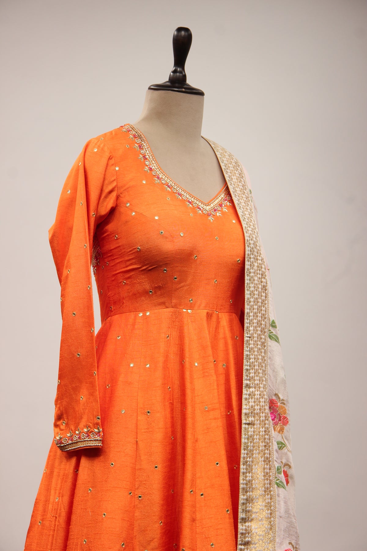 Orange Dupion Short Anarkali Suit with Zardozi Handwork and Mirror Embellishments