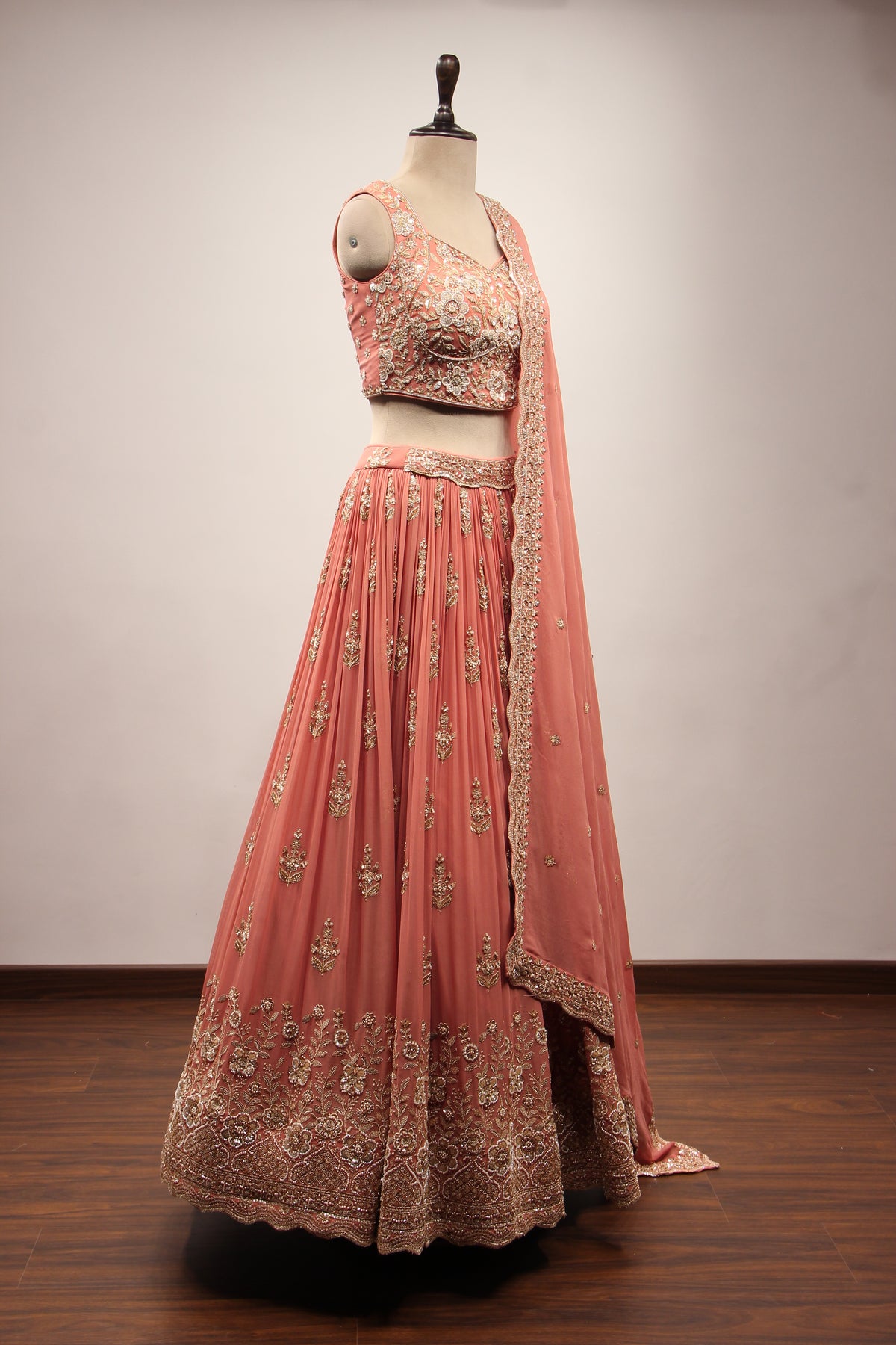 Peach Georgette Lehenga with Embroidery & Cut Dana Handwork Crop Top