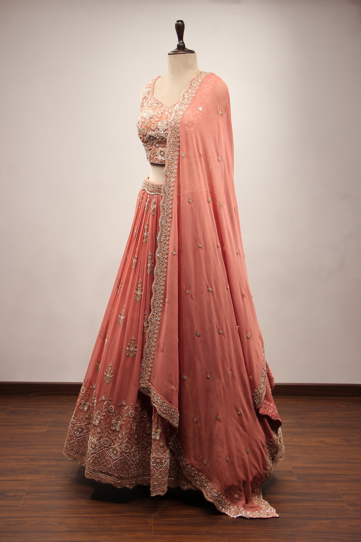 Peach Georgette Lehenga with Embroidery & Cut Dana Handwork Crop Top