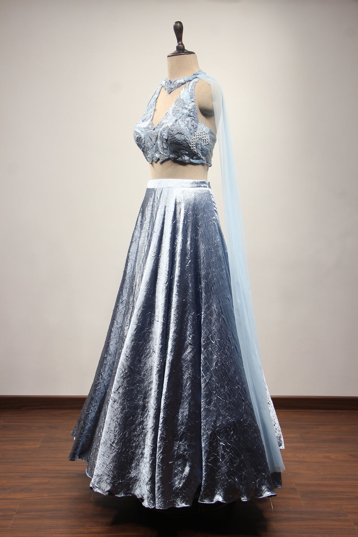 Satin Crush Lehenga with Halter Neck, Sequin & Cut Dana Handwork
