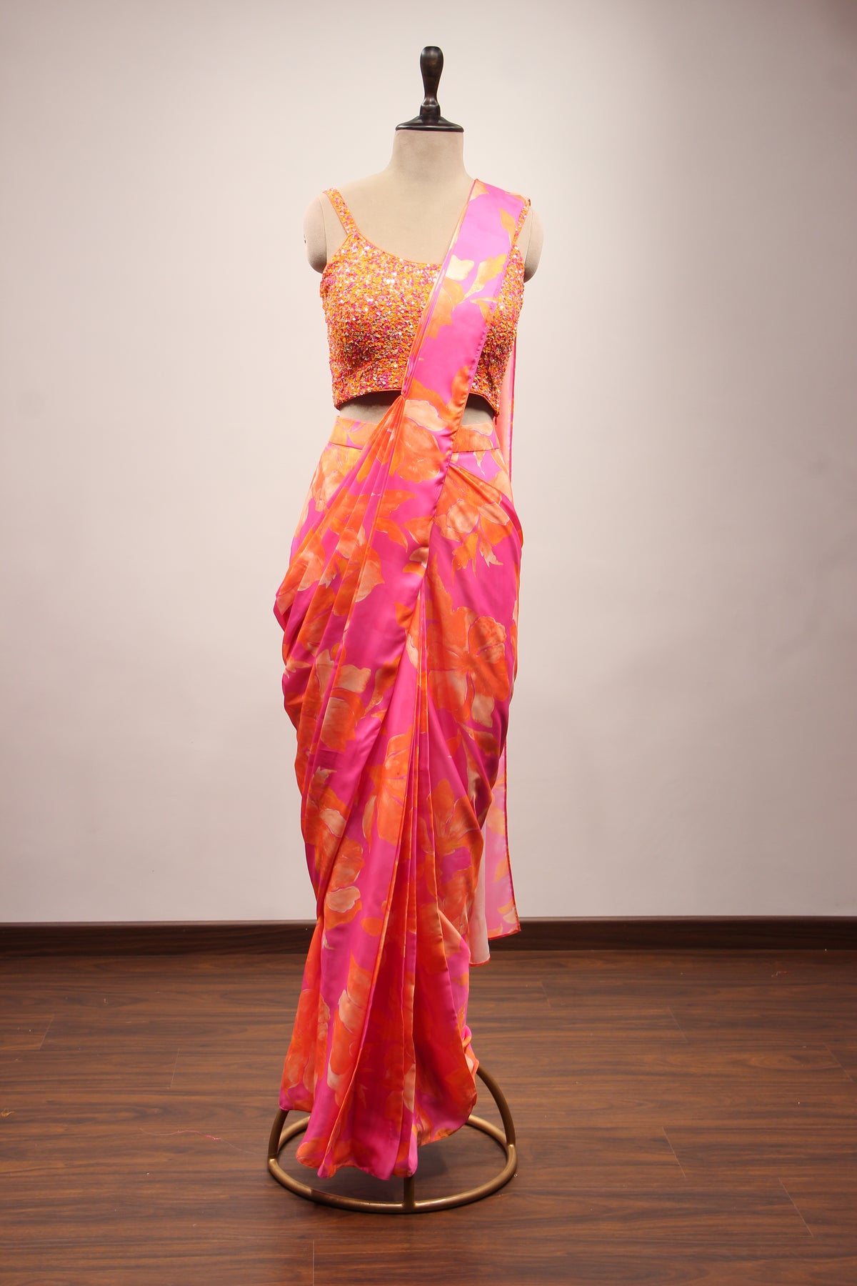 Satin Drape Saree with Cut Dana & Sequin Handwork Crop Top