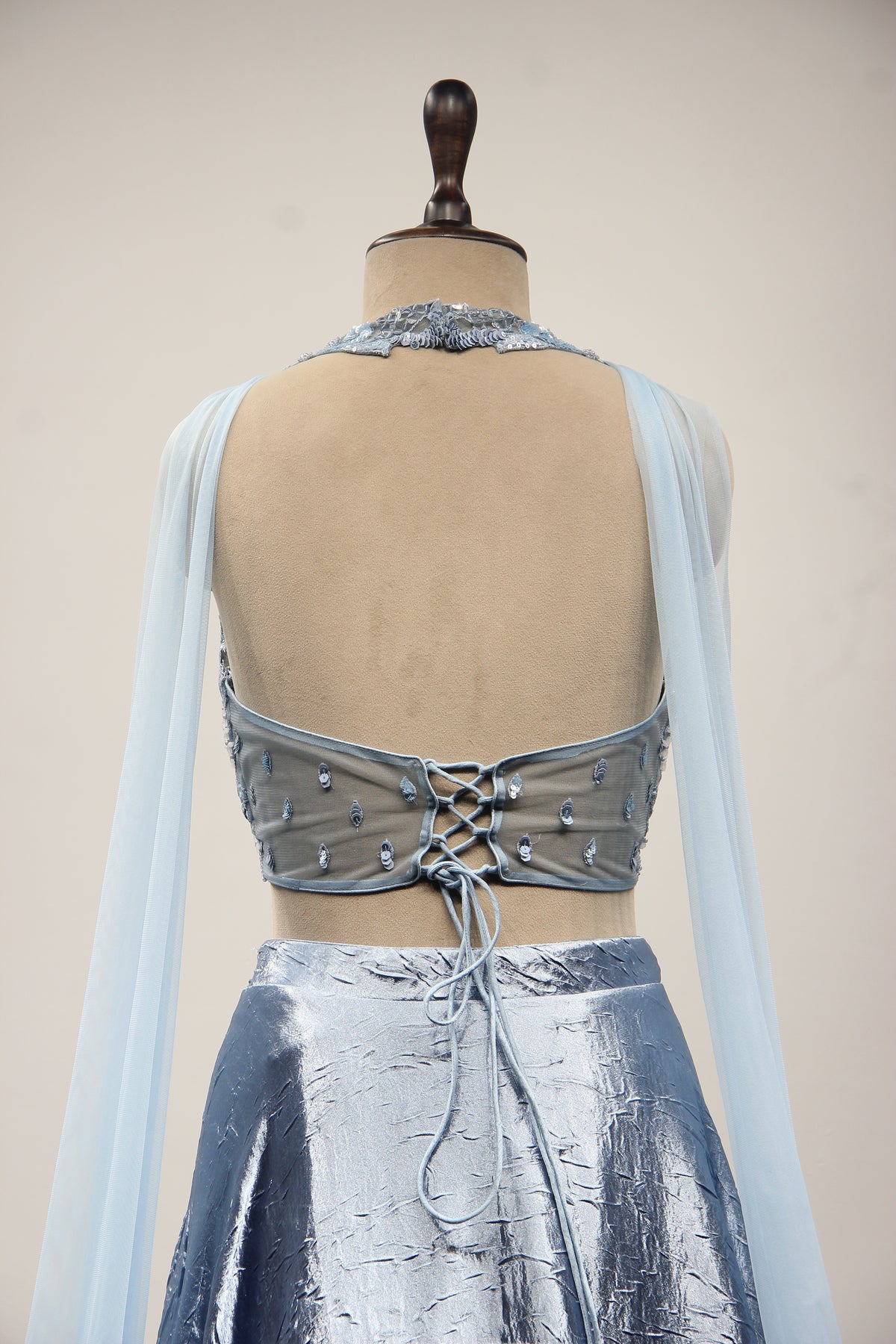Satin Crush Lehenga with Halter Neck, Sequin & Cut Dana Handwork
