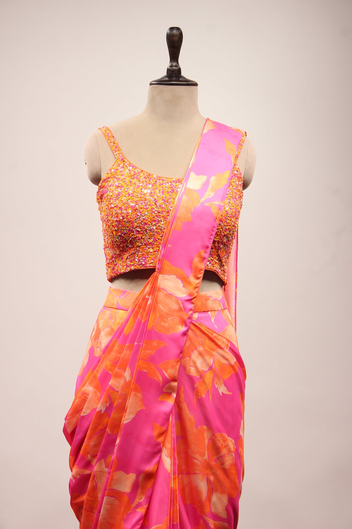 Satin Drape Saree with Cut Dana & Sequin Handwork Crop Top