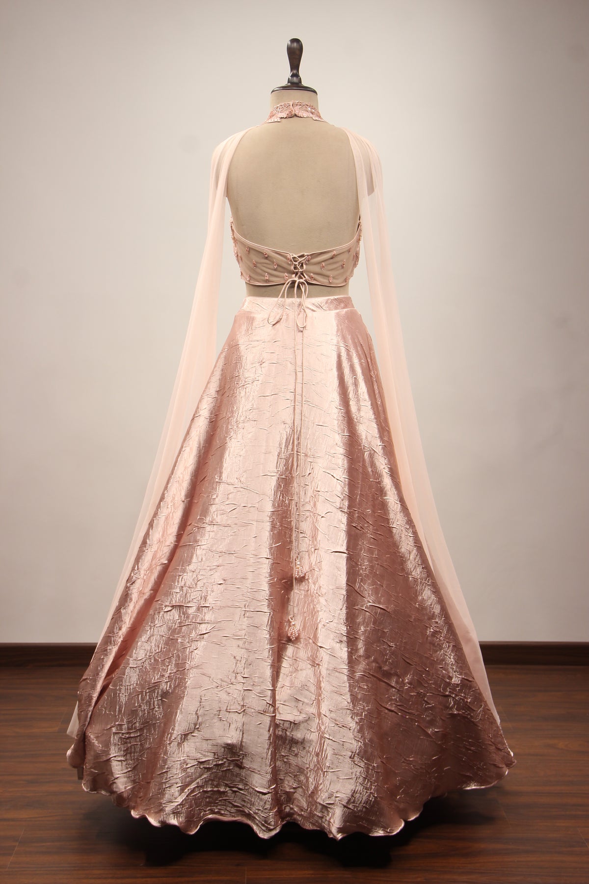 Satin Crush Lehenga with Halter Neck, Sequin & Cut Dana Handwork