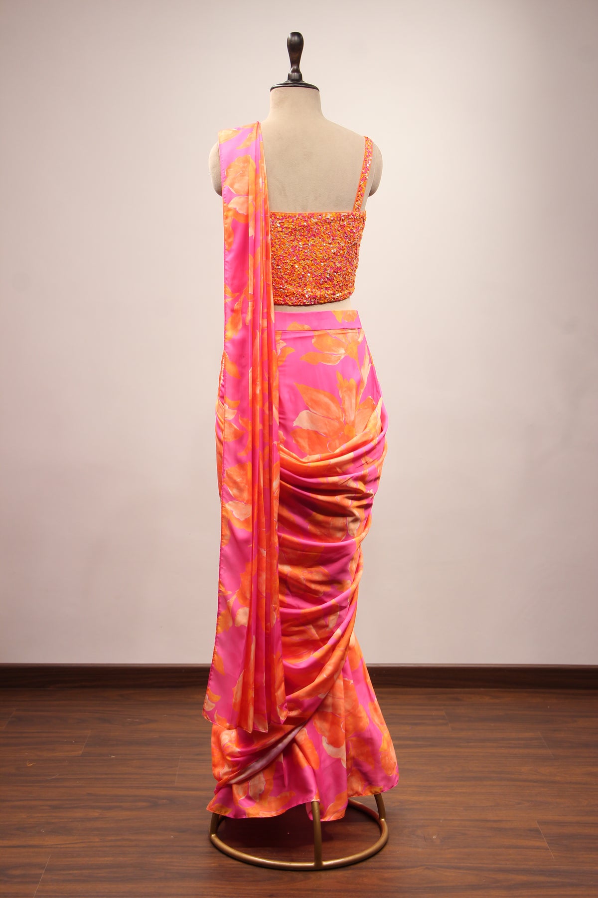 Satin Drape Saree with Cut Dana & Sequin Handwork Crop Top