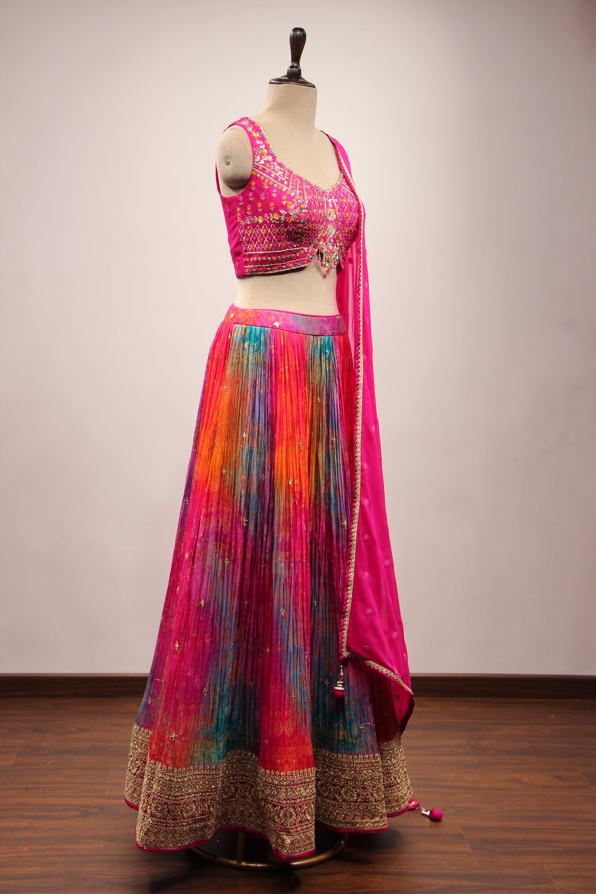 Crepe Lehenga with Mirror & Resham Handwork Crop Top