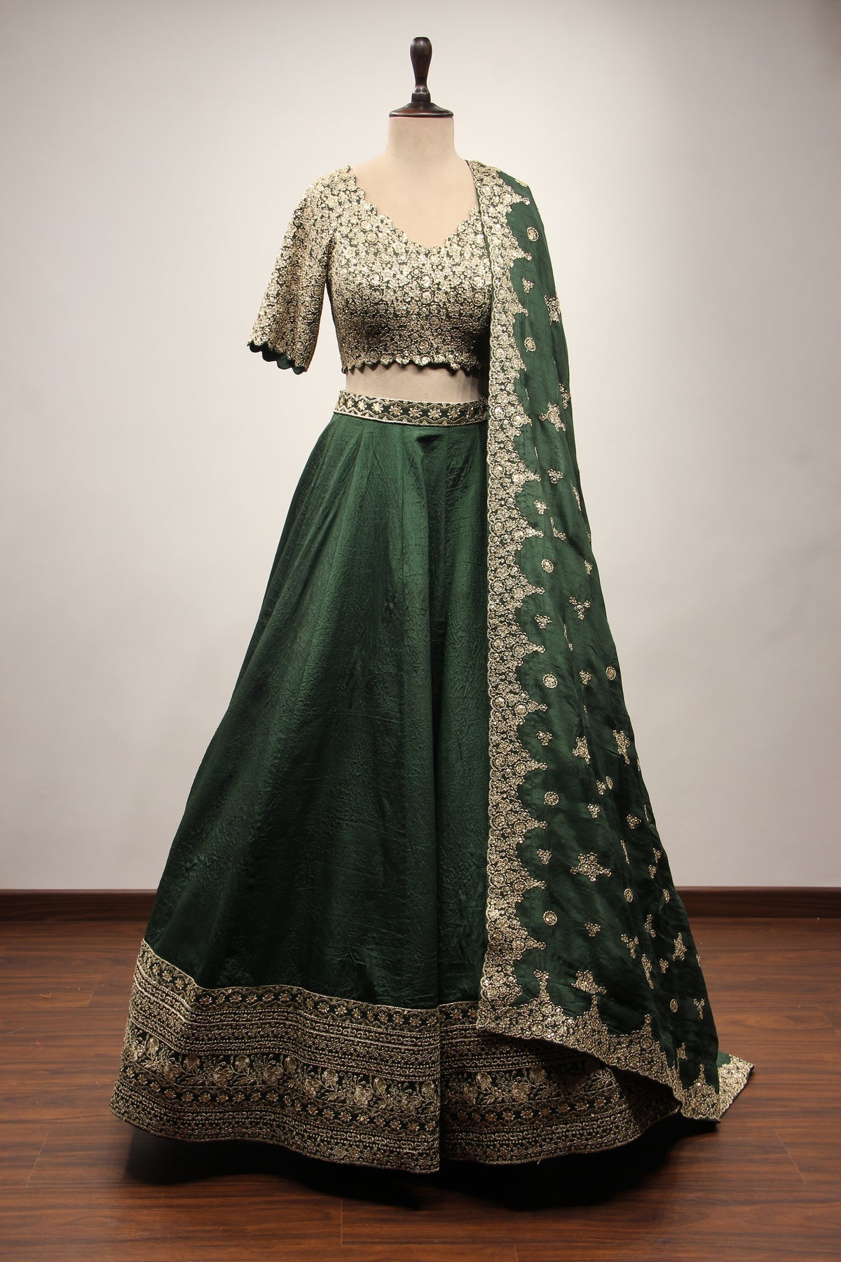 Green Dupion Lehenga with Zari & Sequin Handwork Crop Top