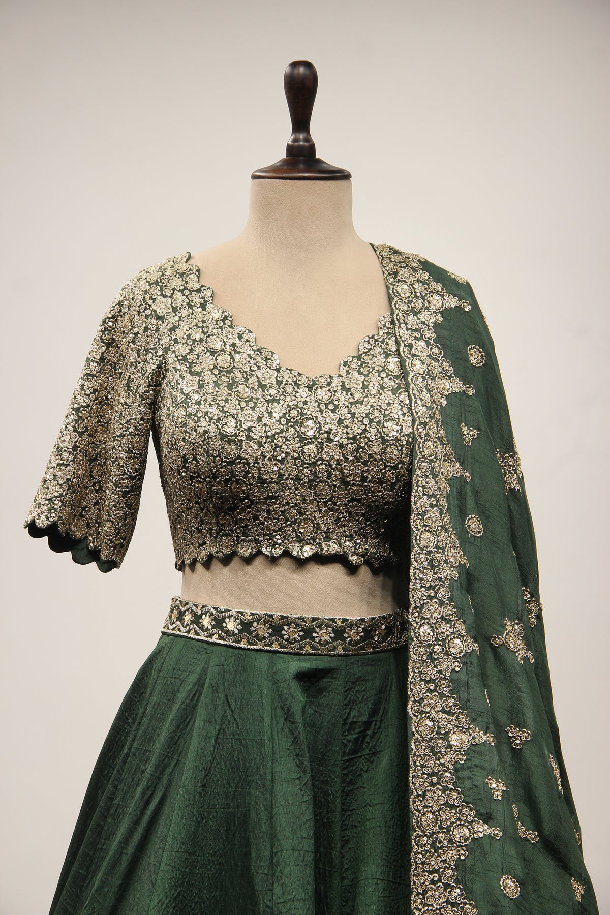 Green Dupion Lehenga with Zari & Sequin Handwork Crop Top