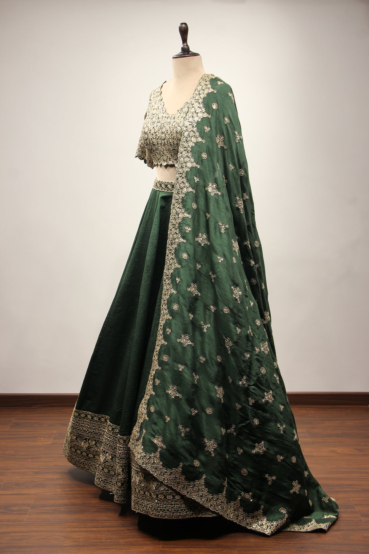 Green Dupion Lehenga with Zari & Sequin Handwork Crop Top