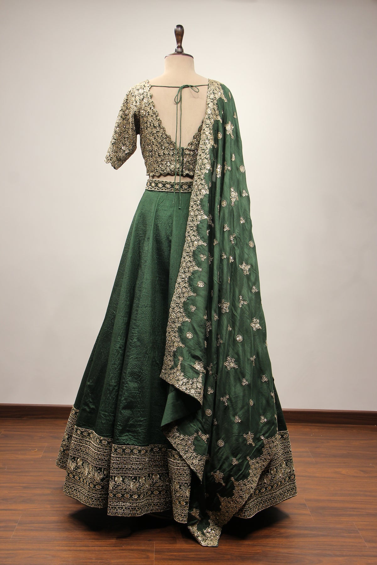 Green Dupion Lehenga with Zari & Sequin Handwork Crop Top