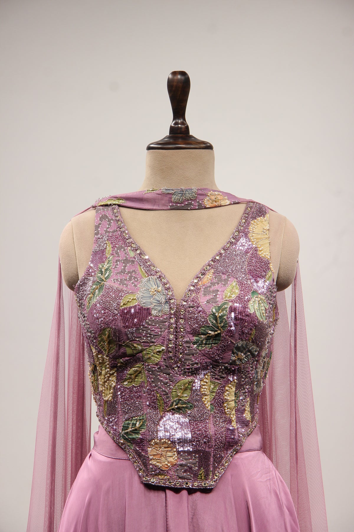 Crepe Floral Corset Indo Western Palazzo in Cut Dana & Sequin Handwork in Purple – front close-up