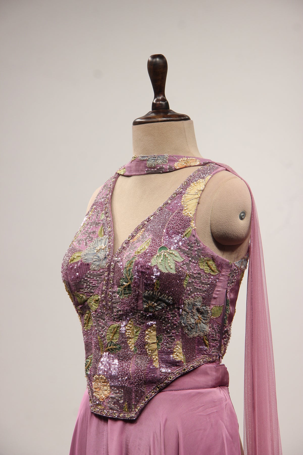 Crepe Floral Corset Indo Western Palazzo in Cut Dana & Sequin Handwork in Purple – side close-up