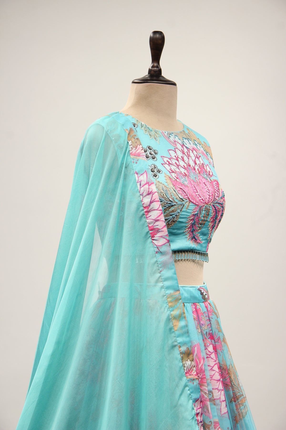Firozi Organza Lehenga with Cut Dana & Sequin Handwork Halter Neck