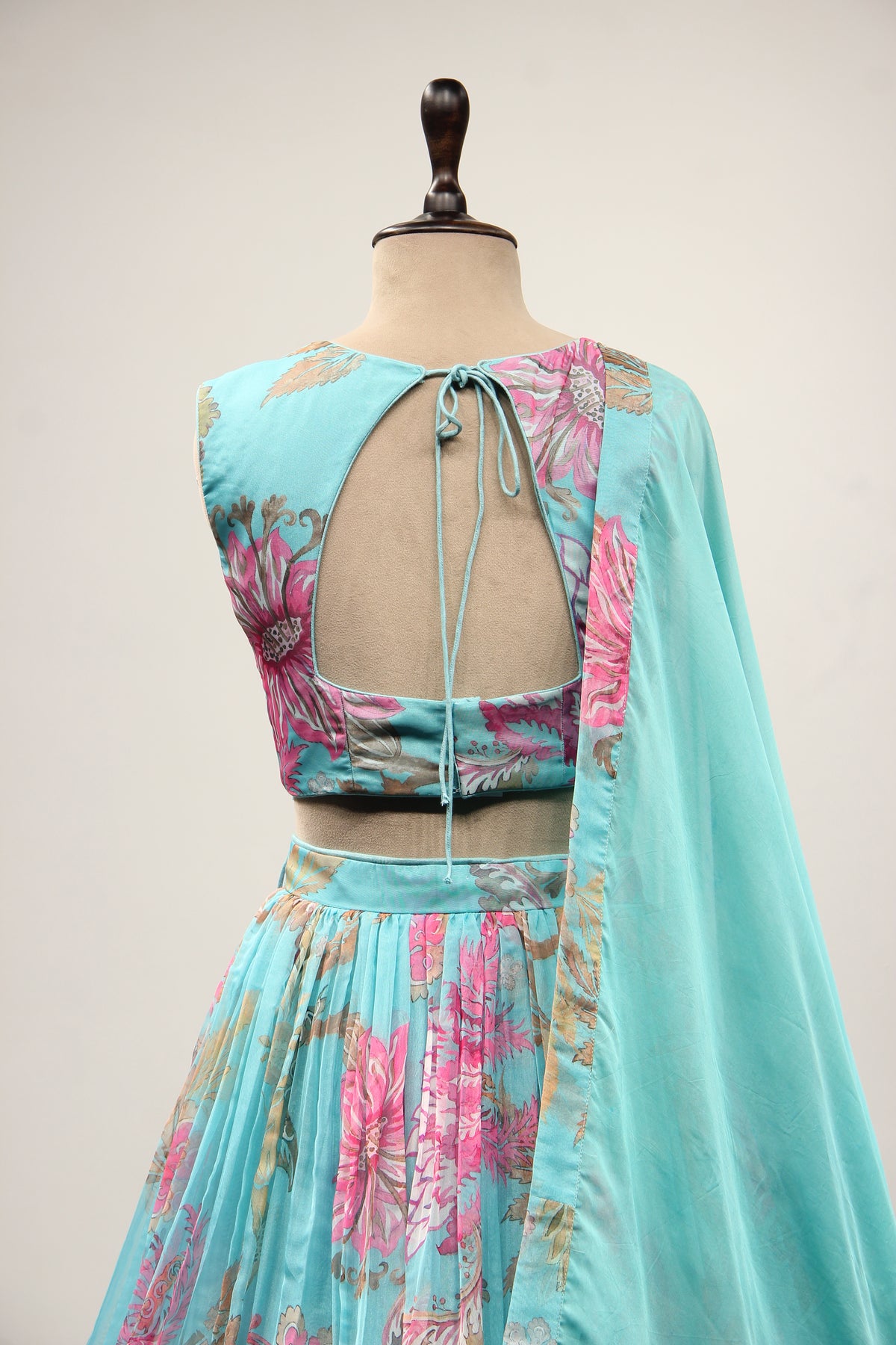 Firozi Organza Lehenga with Cut Dana & Sequin Handwork Halter Neck