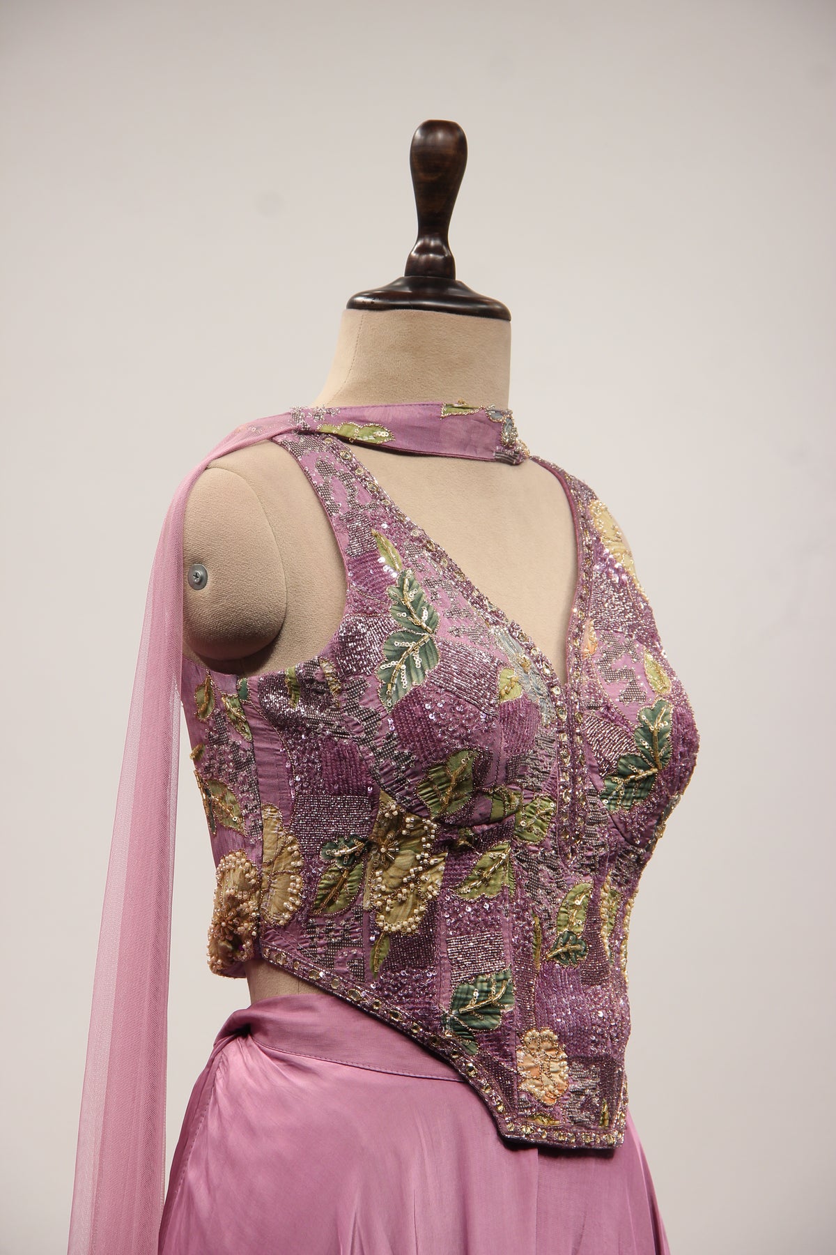 Crepe Floral Corset Indo Western Palazzo in Cut Dana & Sequin Handwork in Purple – other side close-up
