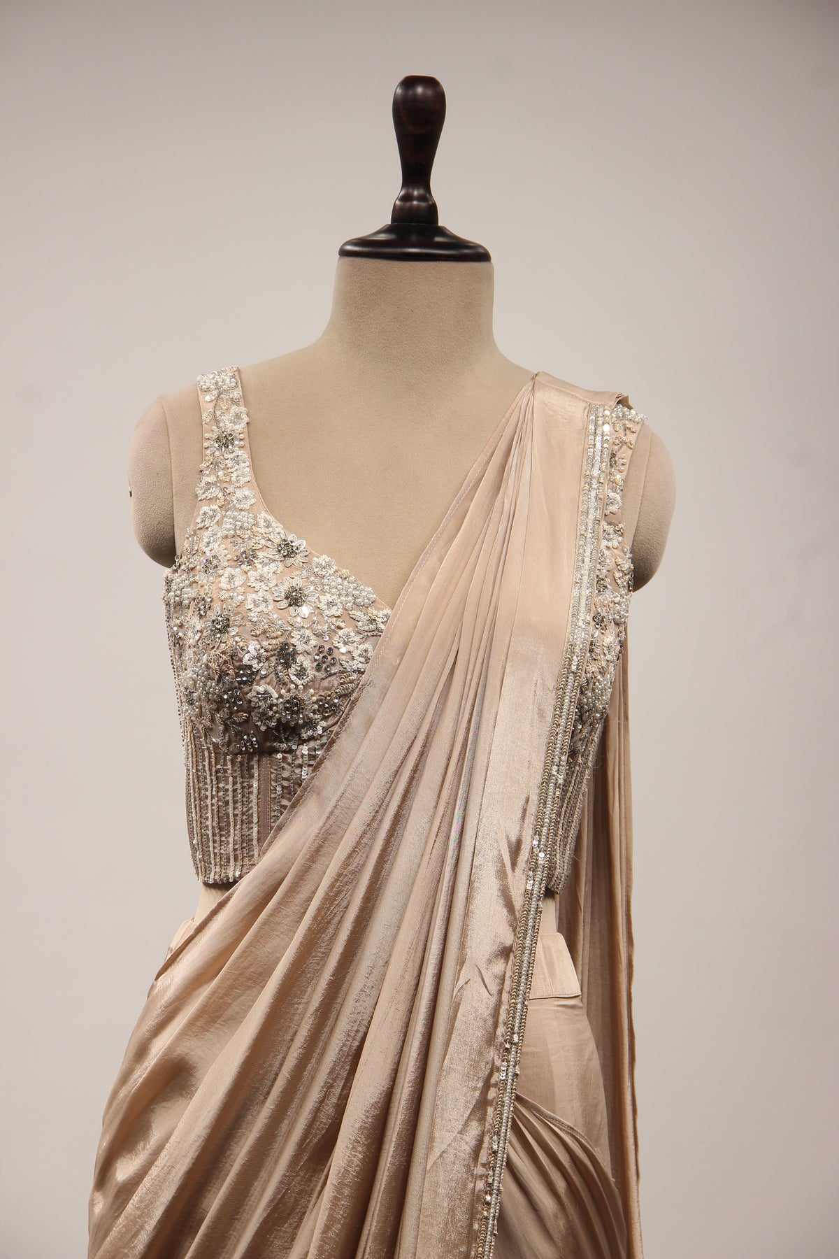 Beige Crepe Drape Saree with Cut Dana & Sequin Handwork Corset