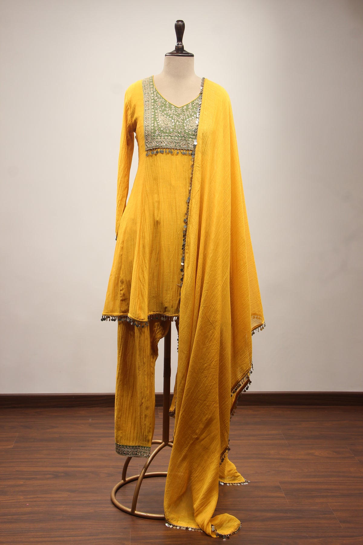 Yellow Chanderi Peplum Suit with Zari & Zardozi Handwork Farshi Salwar – front view