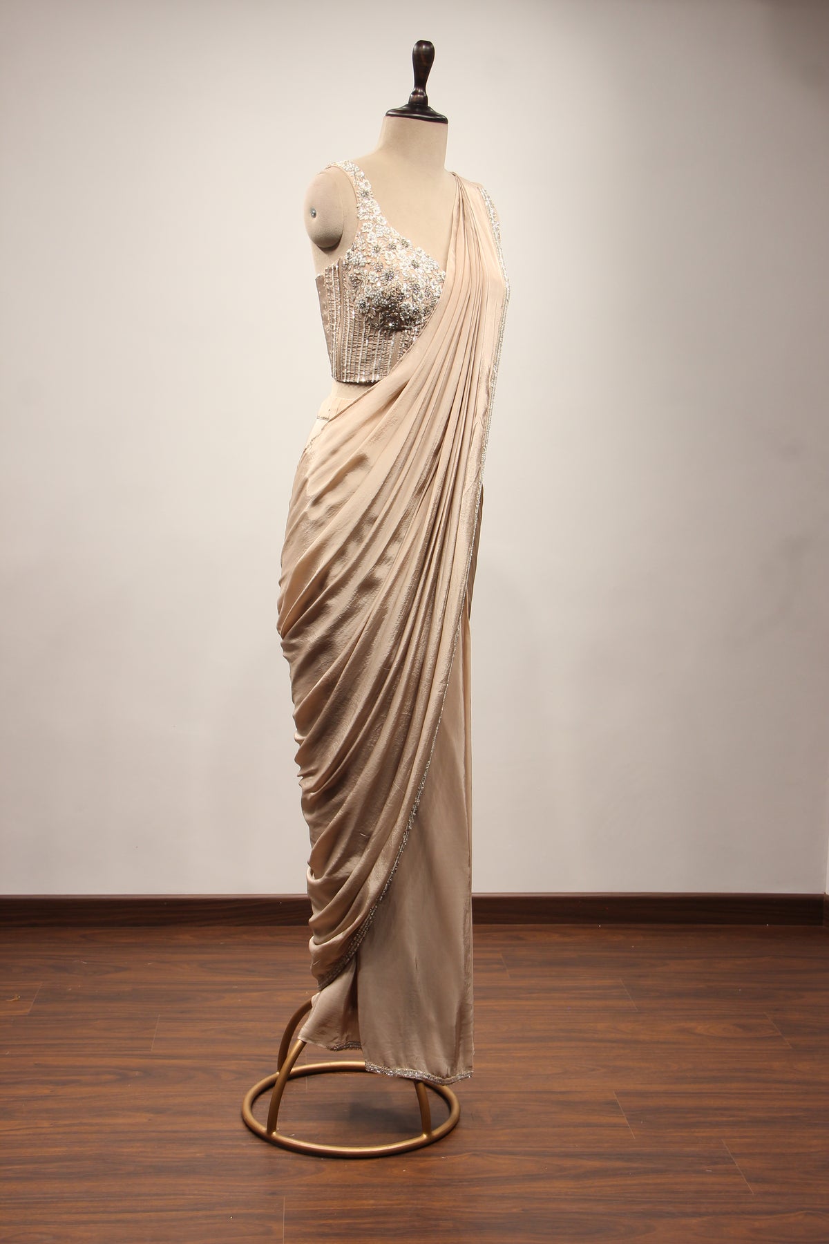 Beige Crepe Drape Saree with Cut Dana & Sequin Handwork Corset