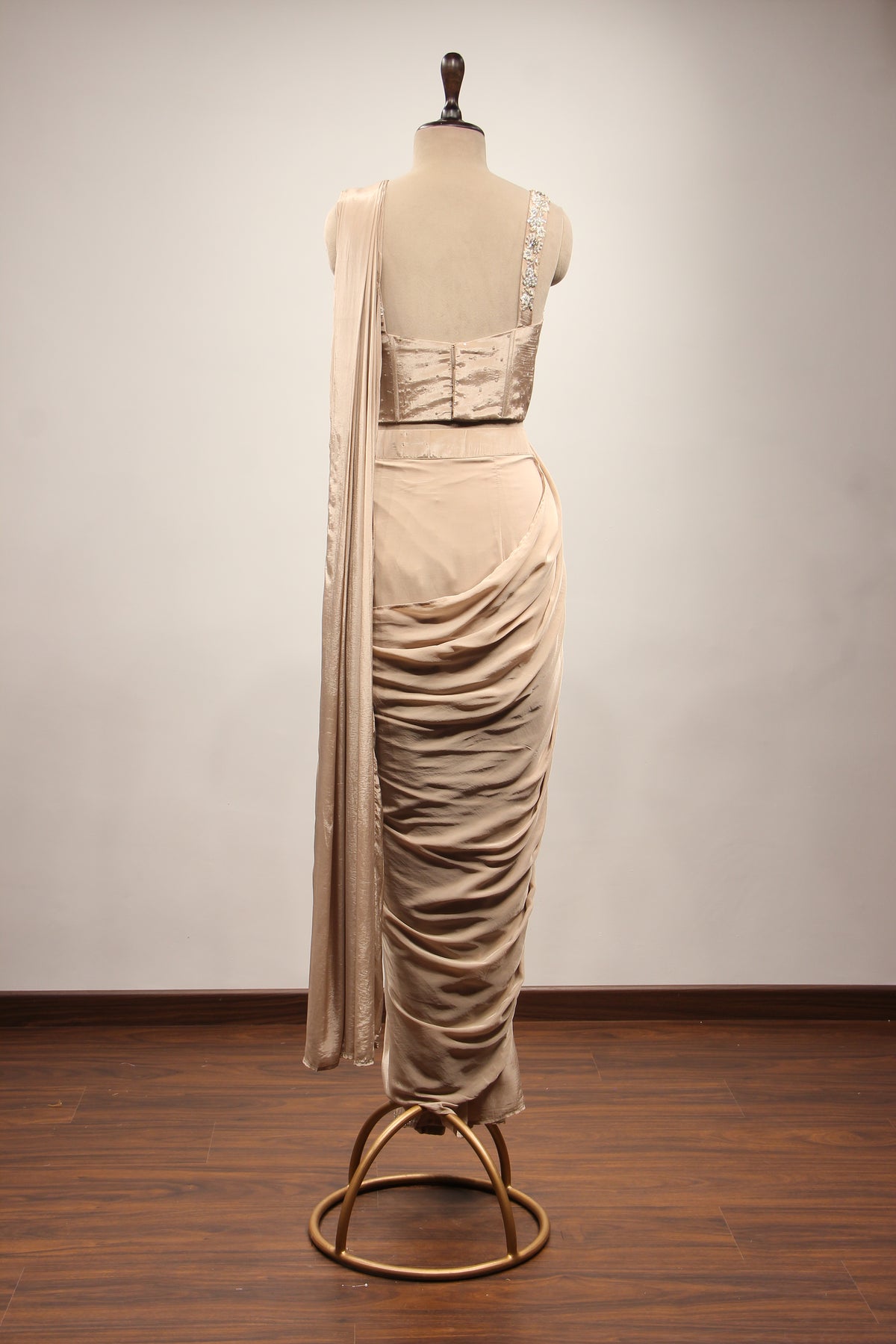 Beige Crepe Drape Saree with Cut Dana & Sequin Handwork Corset