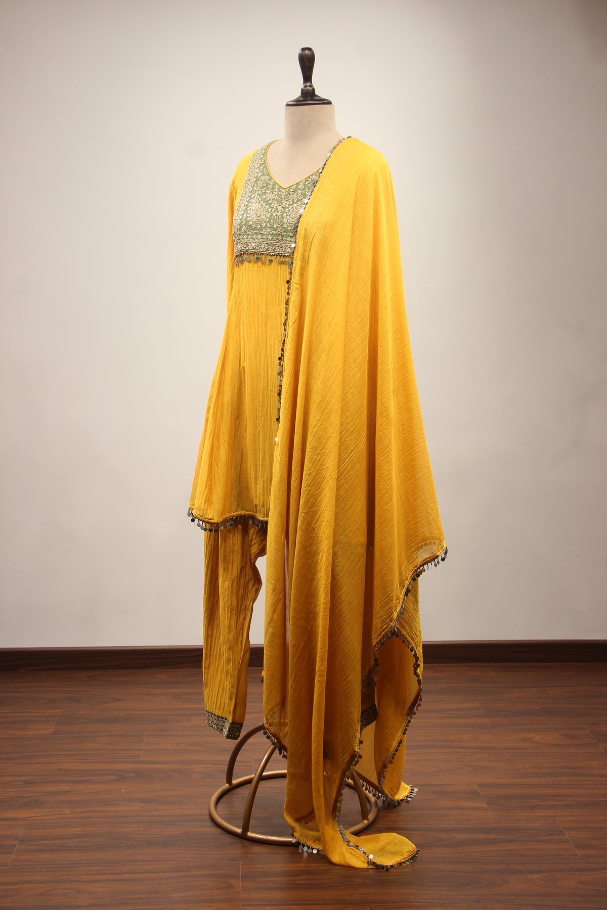Yellow Chanderi Peplum Suit with Zari & Zardozi Handwork Farshi Salwar – side view