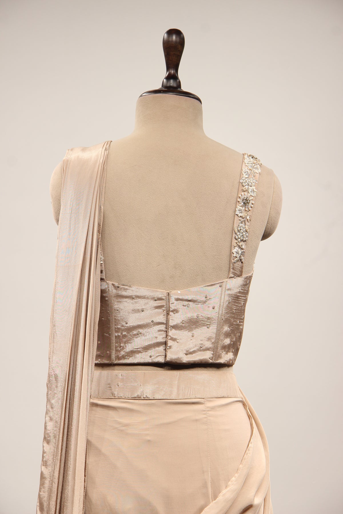 Beige Crepe Drape Saree with Cut Dana & Sequin Handwork Corset