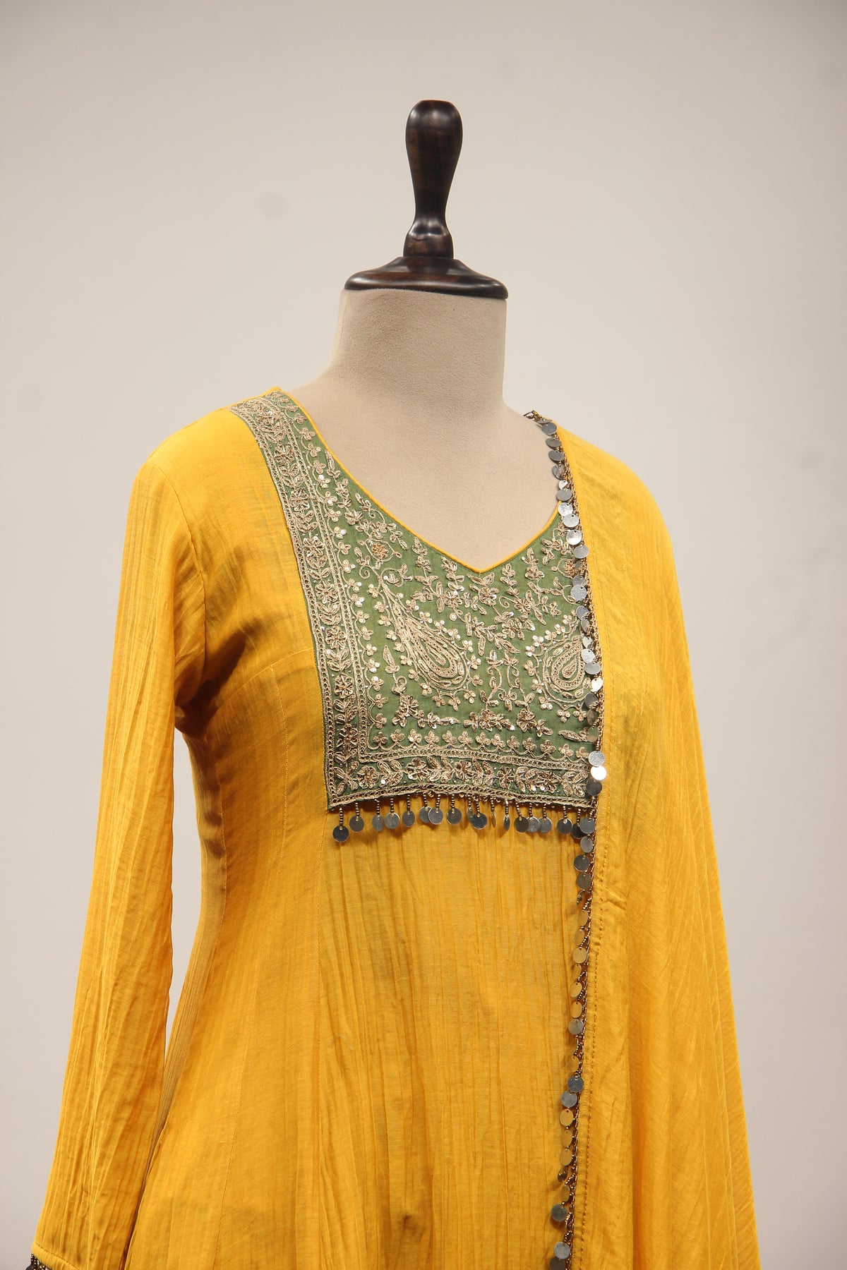 Yellow Chanderi Peplum Suit with Zari & Zardozi Handwork Farshi Salwar – other side close-up