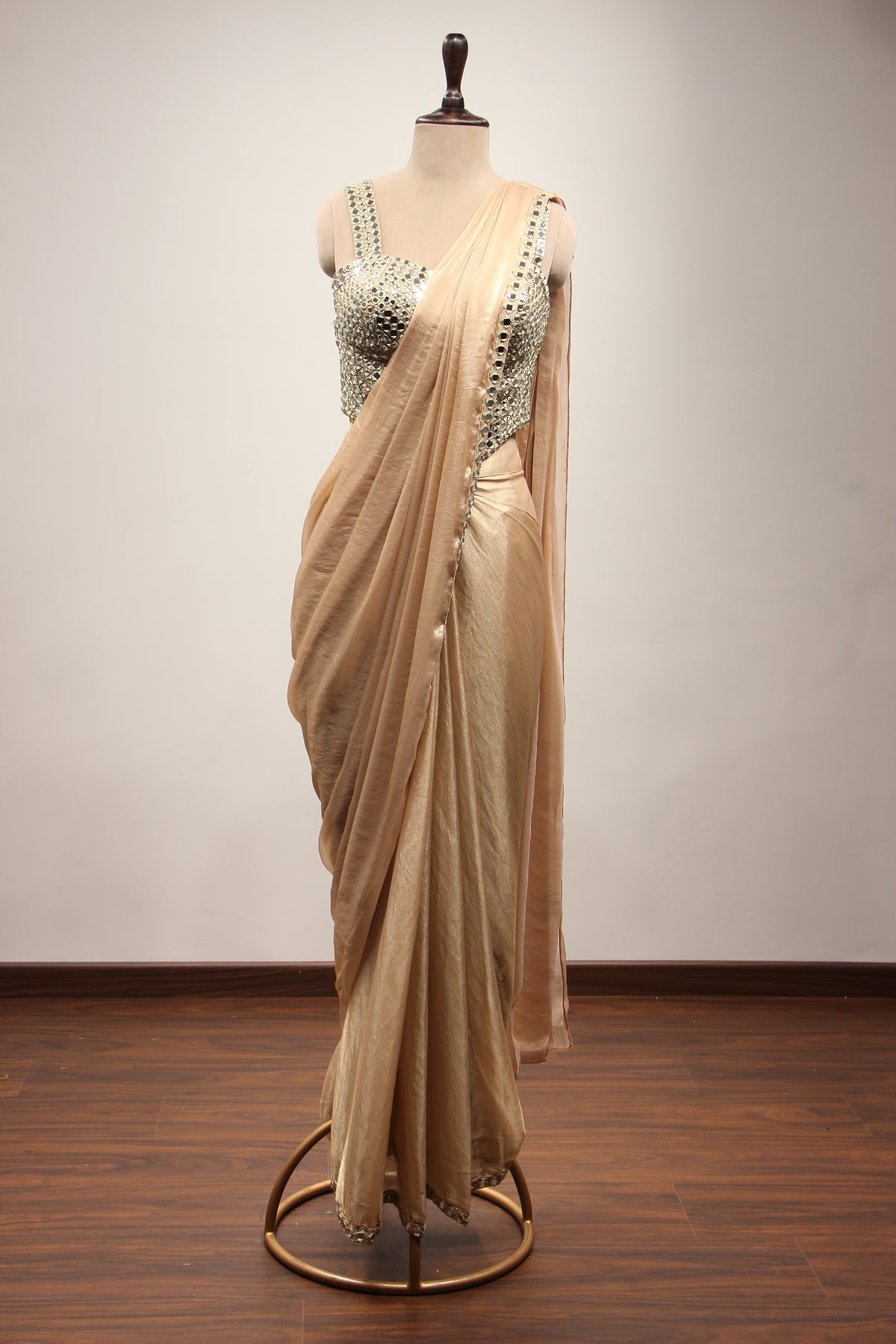 Shimmer Organza Drape Saree with Mirror & Zari Handwork Corset