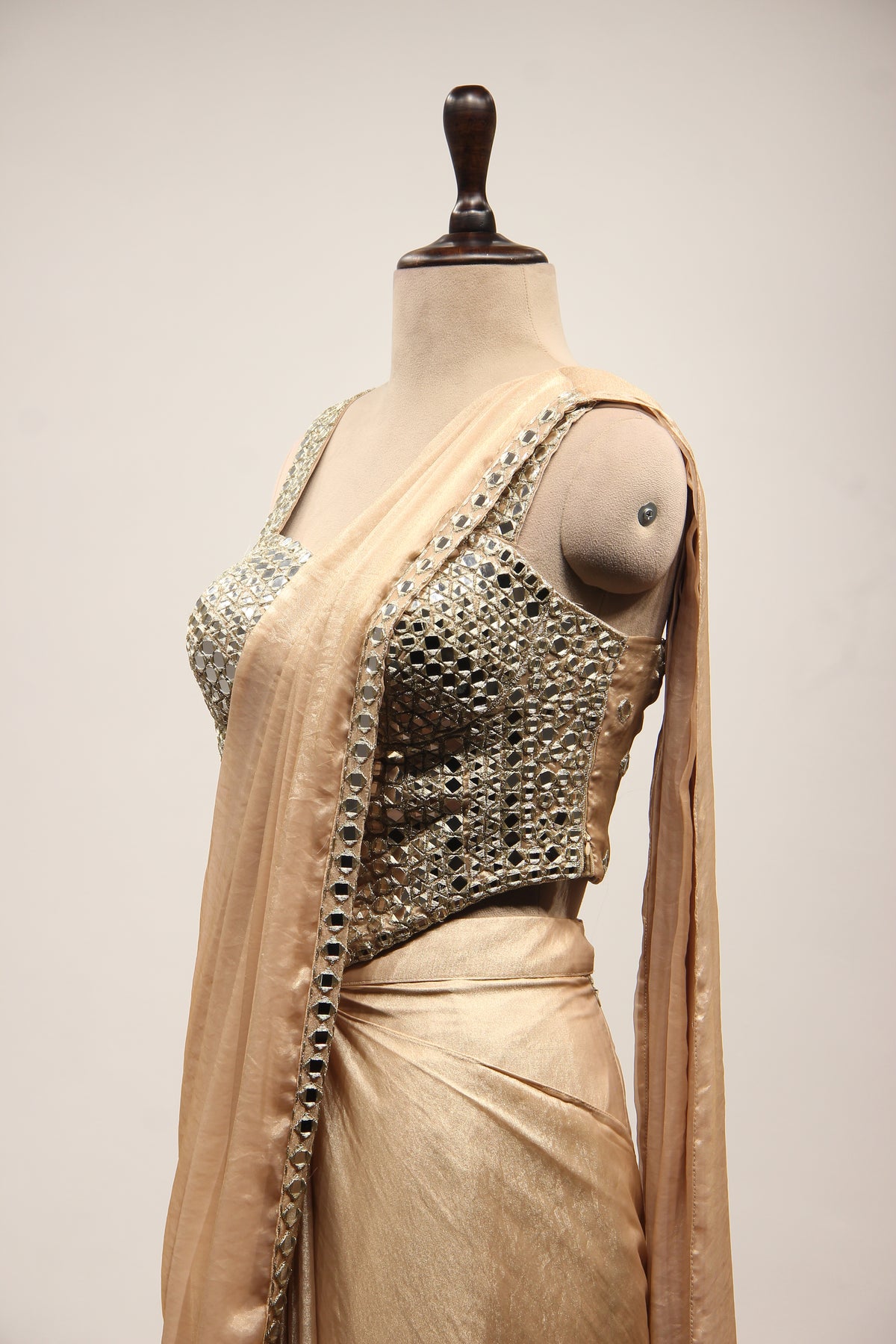 Shimmer Organza Drape Saree with Mirror & Zari Handwork Corset