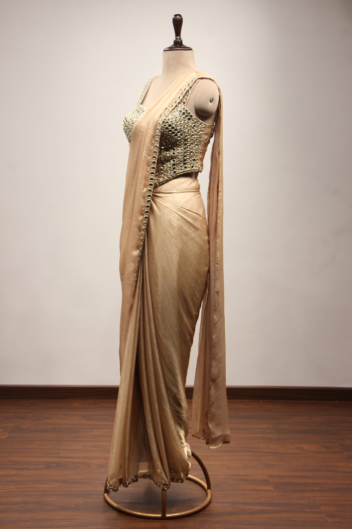 Shimmer Organza Drape Saree with Mirror & Zari Handwork Corset