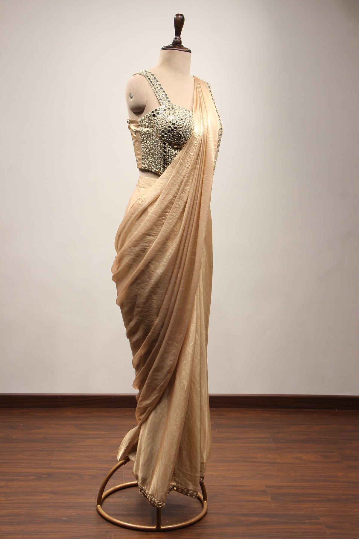 Shimmer Organza Drape Saree with Mirror & Zari Handwork Corset