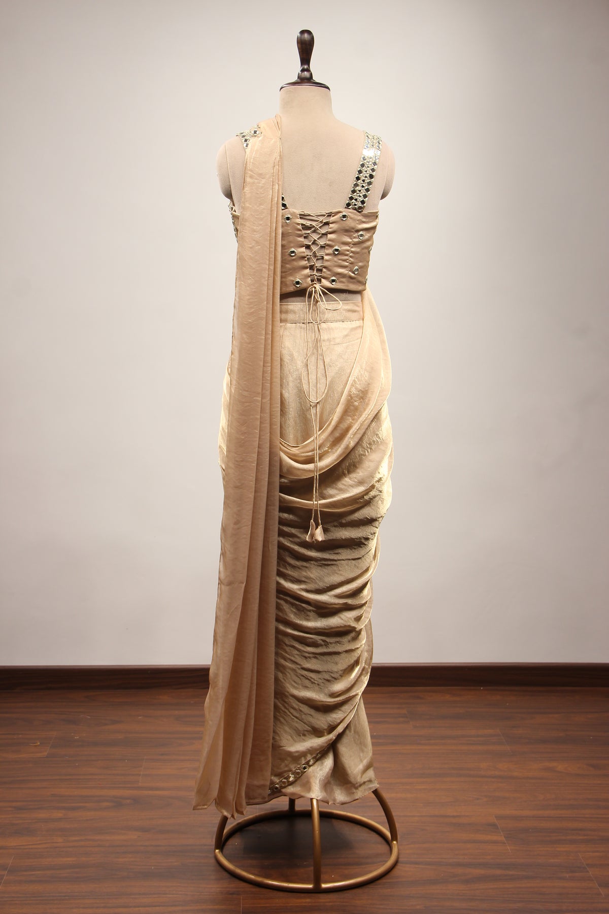 Shimmer Organza Drape Saree with Mirror & Zari Handwork Corset