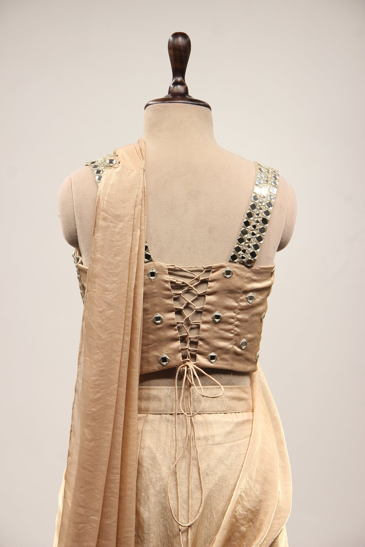 Shimmer Organza Drape Saree with Mirror & Zari Handwork Corset