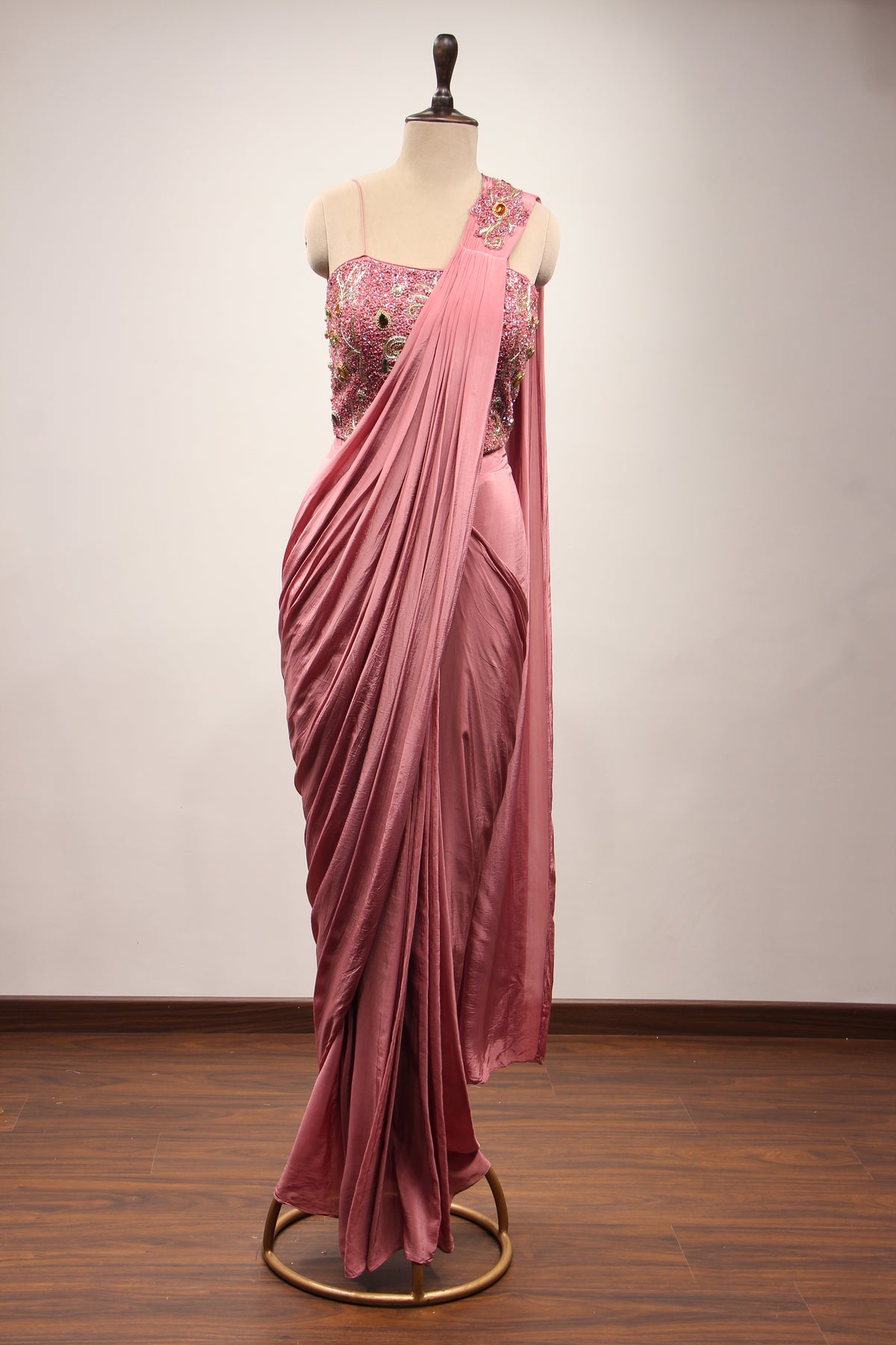 Onion Pink Crepe Drape Saree with Stone & Cut Dana Handwork Corset