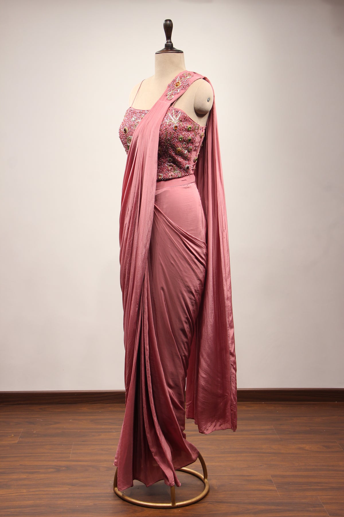 Onion Pink Crepe Drape Saree with Stone & Cut Dana Handwork Corset