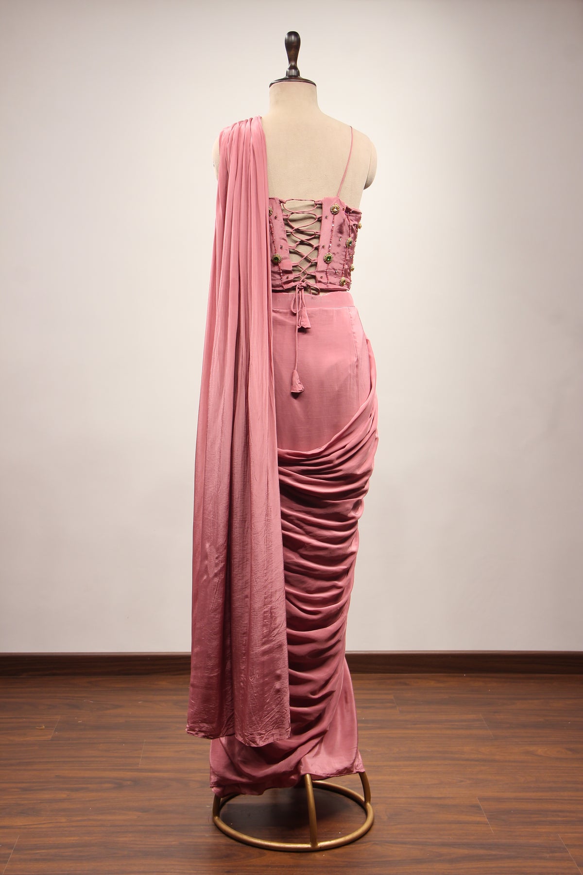 Onion Pink Crepe Drape Saree with Stone & Cut Dana Handwork Corset