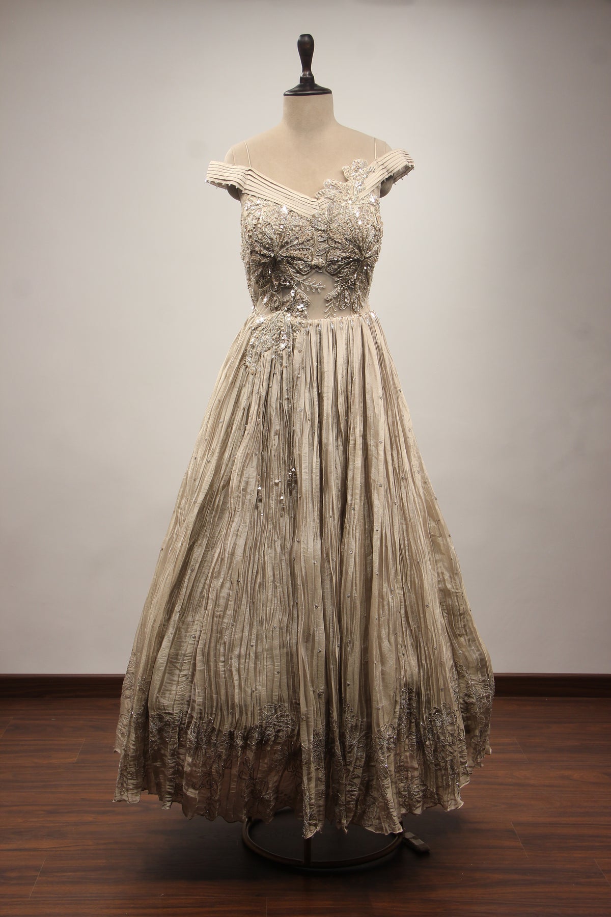 Grey Tissue Off-Shoulder A-Line Gown with Sequin & Cut Dana Handwork – front view