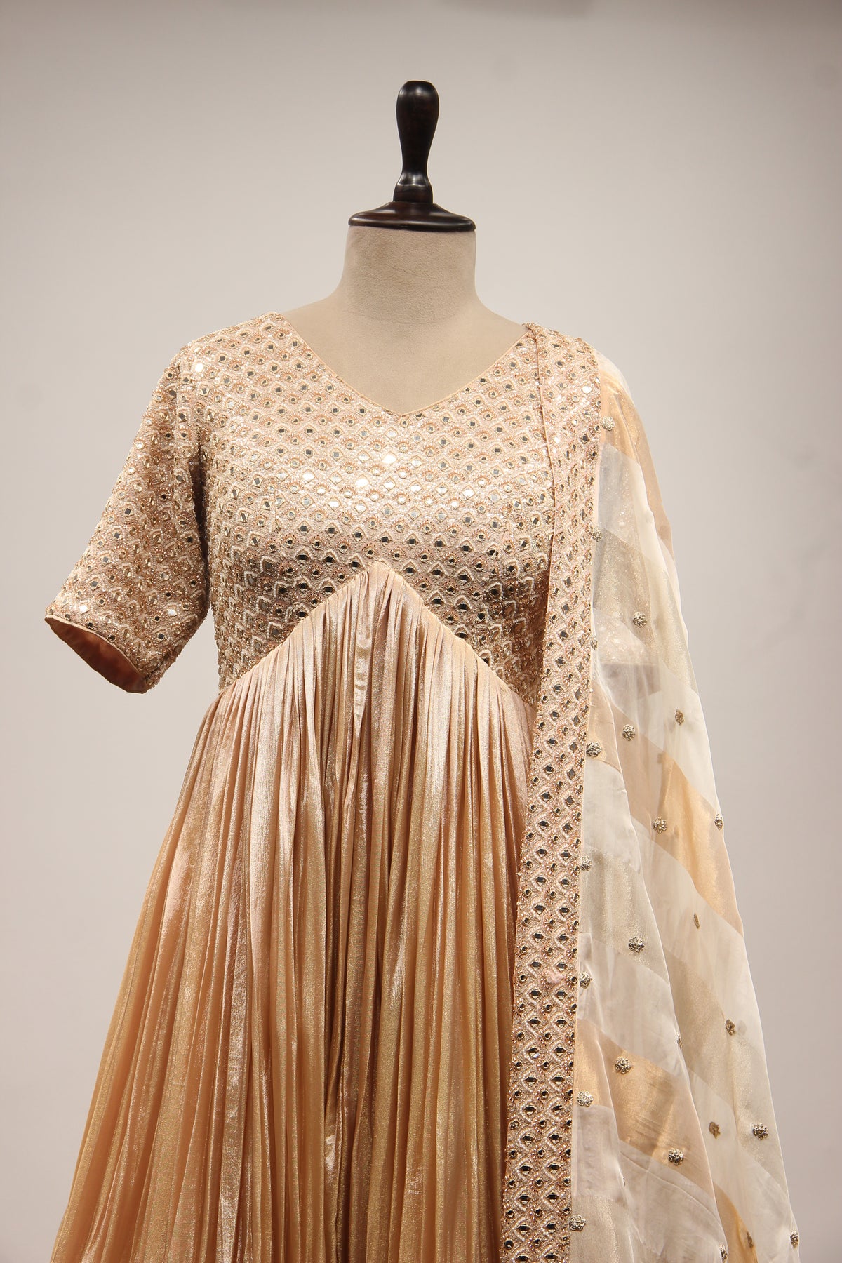 Gold Tissue Anarkali Gown with Mirror Handwork & Cut Dana Handwork