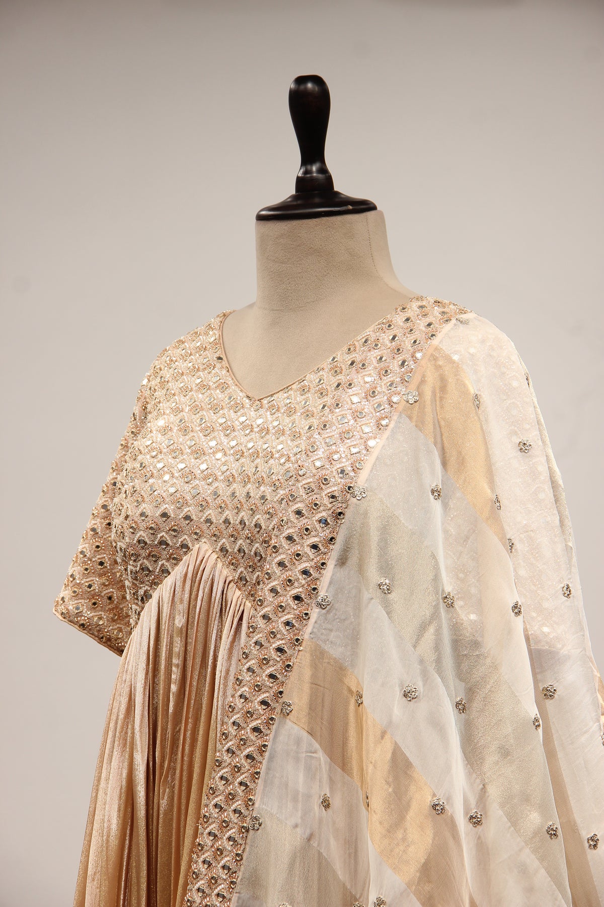 Gold Tissue Anarkali Gown with Mirror Handwork & Cut Dana Handwork
