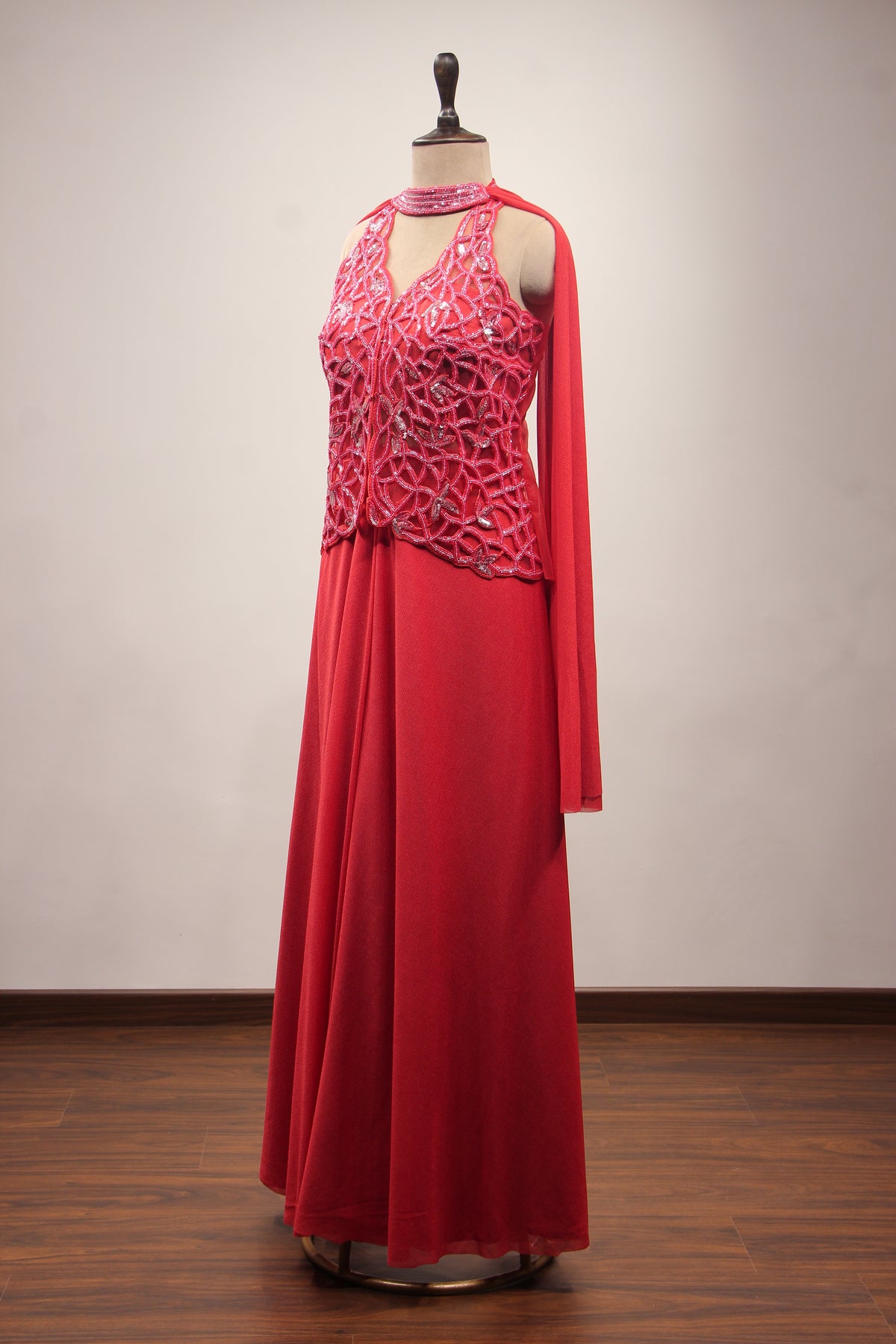 Imported Indo Western Long Top with Cut Dana & Bead Handwork Choker in Red – other side view