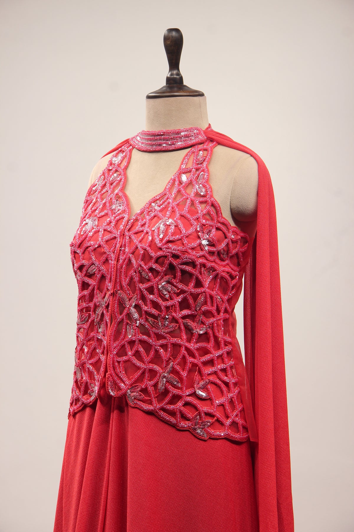 Imported Indo Western Long Top with Cut Dana & Bead Handwork Choker in Red – other side close-up