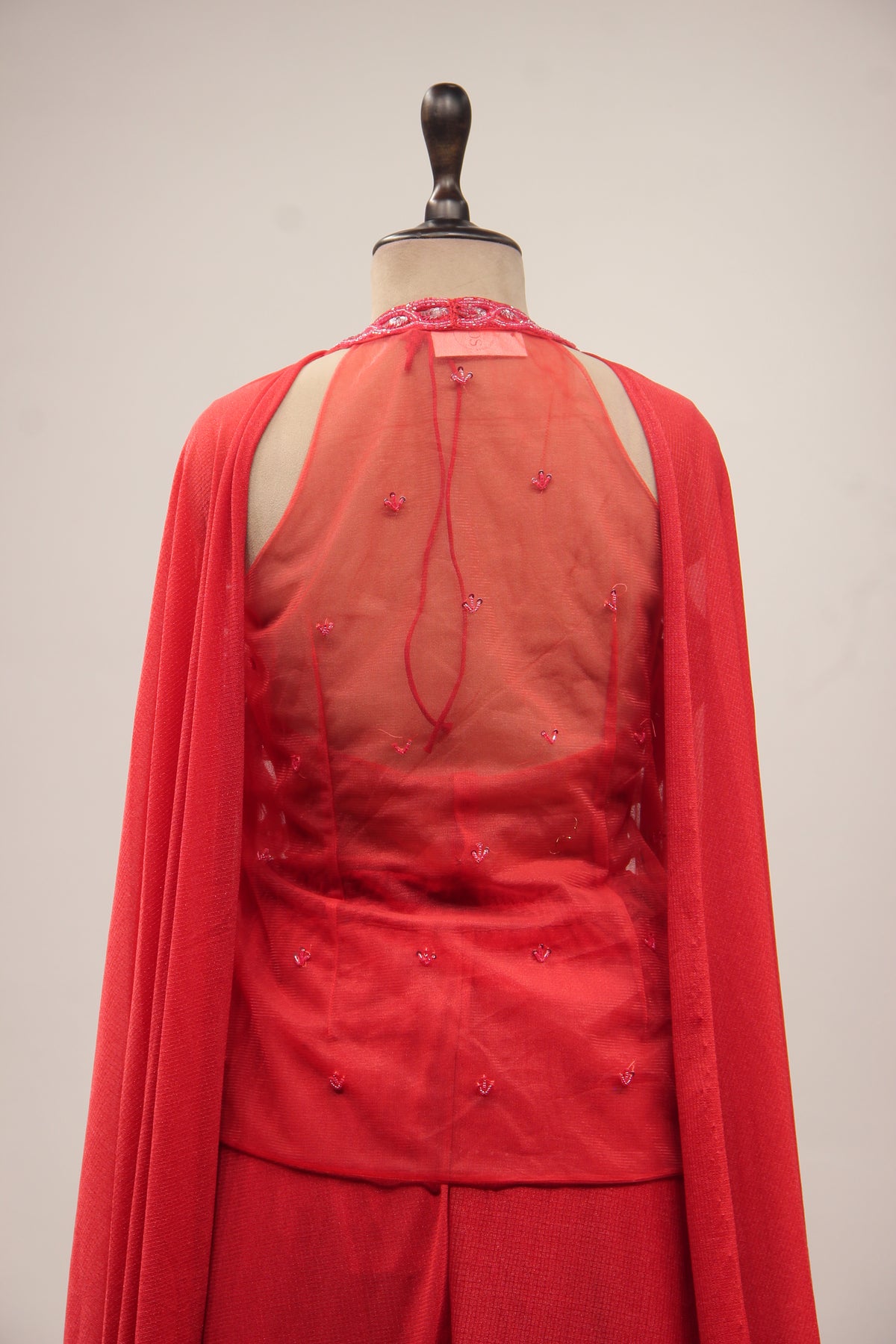 Imported Indo Western Long Top with Cut Dana & Bead Handwork Choker in Red – back close-up