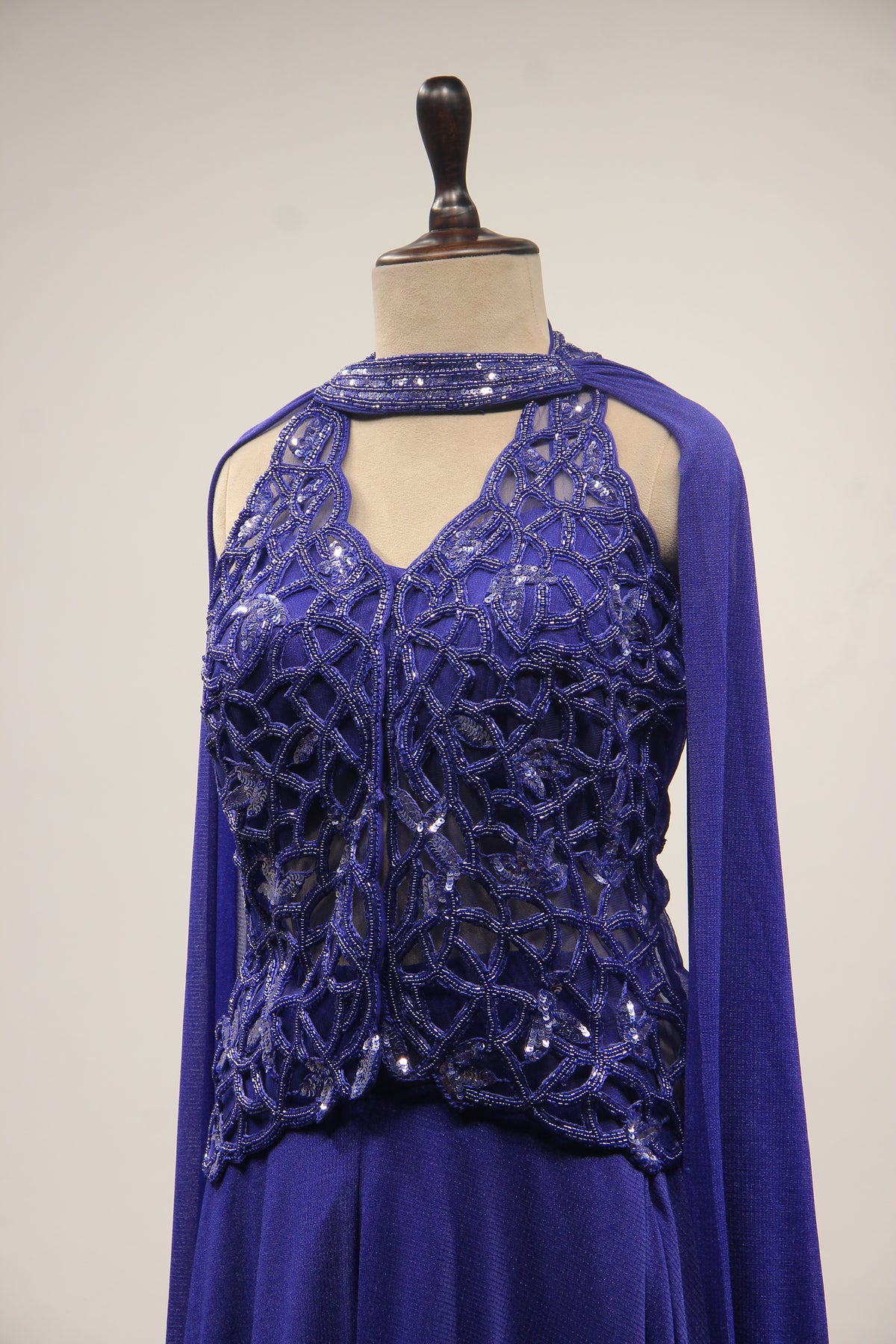 Imported Indo Western Long Top with Cut Dana & Bead Handwork Choker in Blue – side close-up
