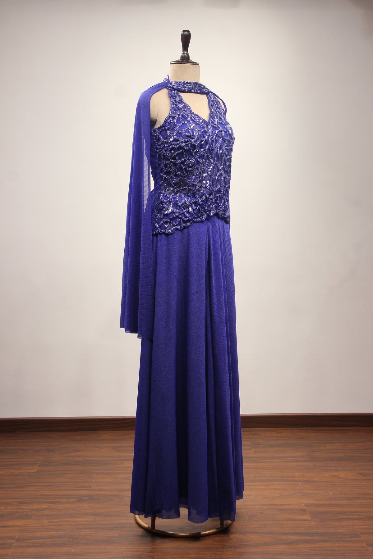 Imported Indo Western Long Top with Cut Dana & Bead Handwork Choker in Blue – other side view
