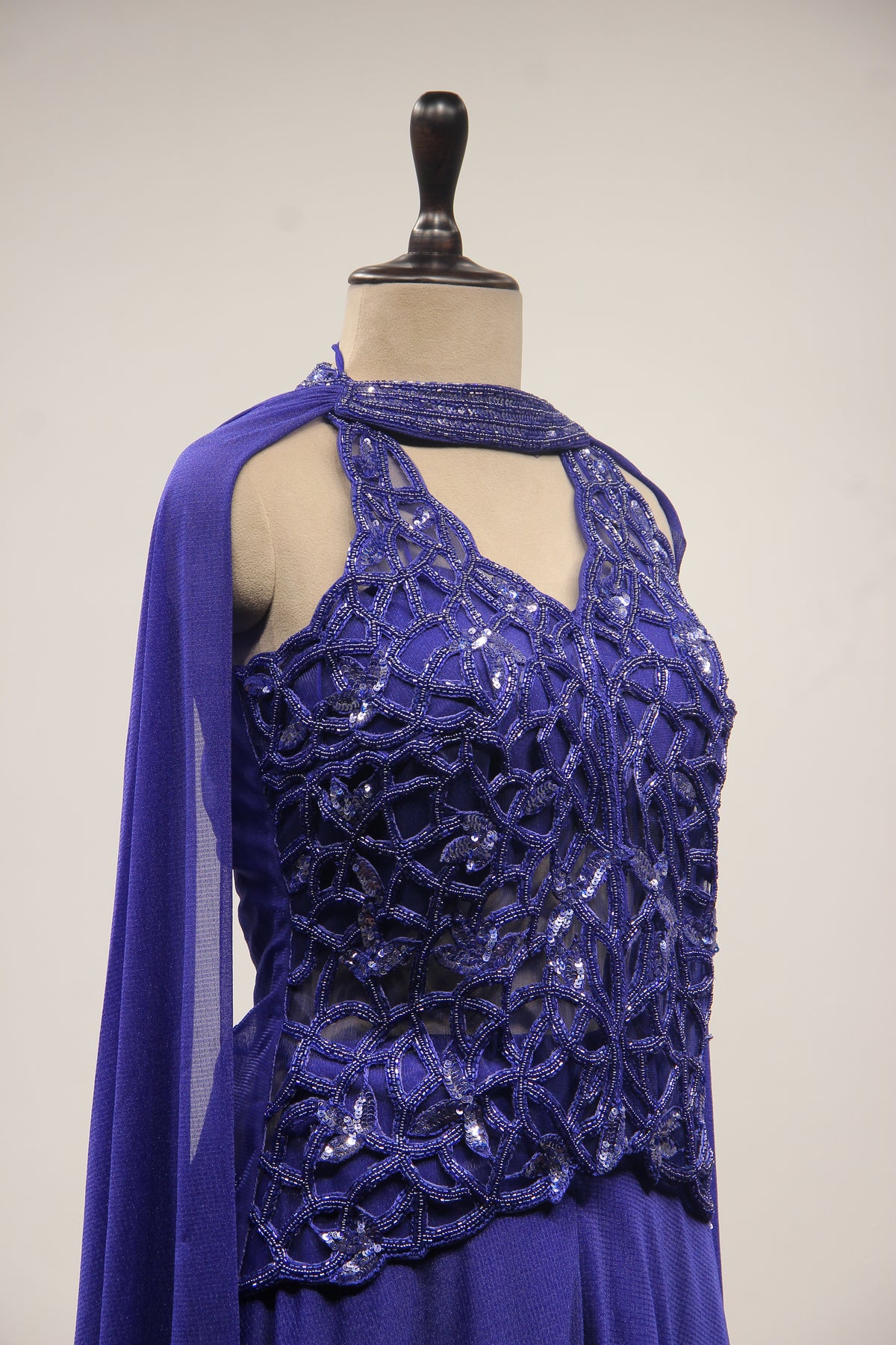 Imported Indo Western Long Top with Cut Dana & Bead Handwork Choker in Blue – other side close-up