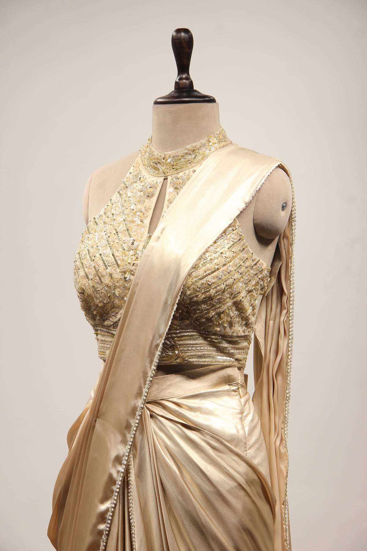 Gold Imported Drape Saree with Sequin & Cut Dana Handwork Halter Neck