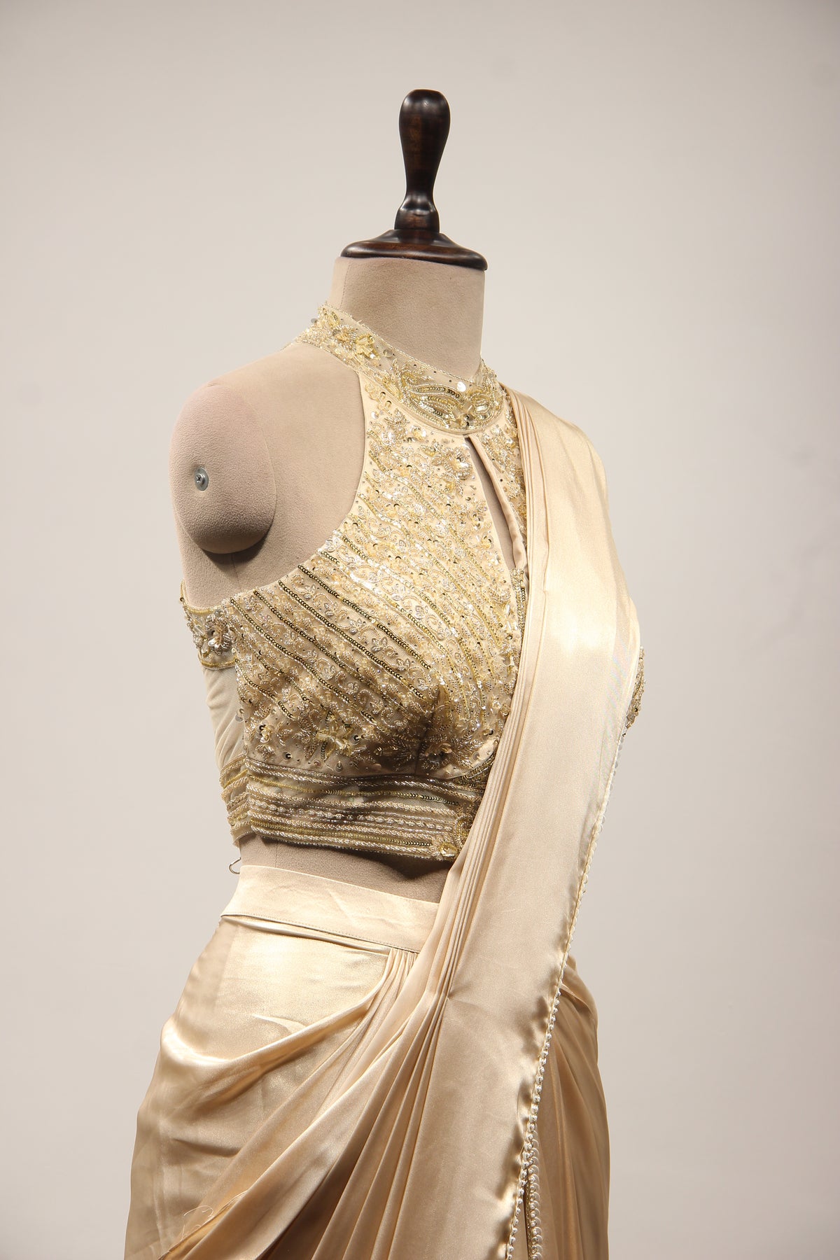 Gold Imported Drape Saree with Sequin & Cut Dana Handwork Halter Neck