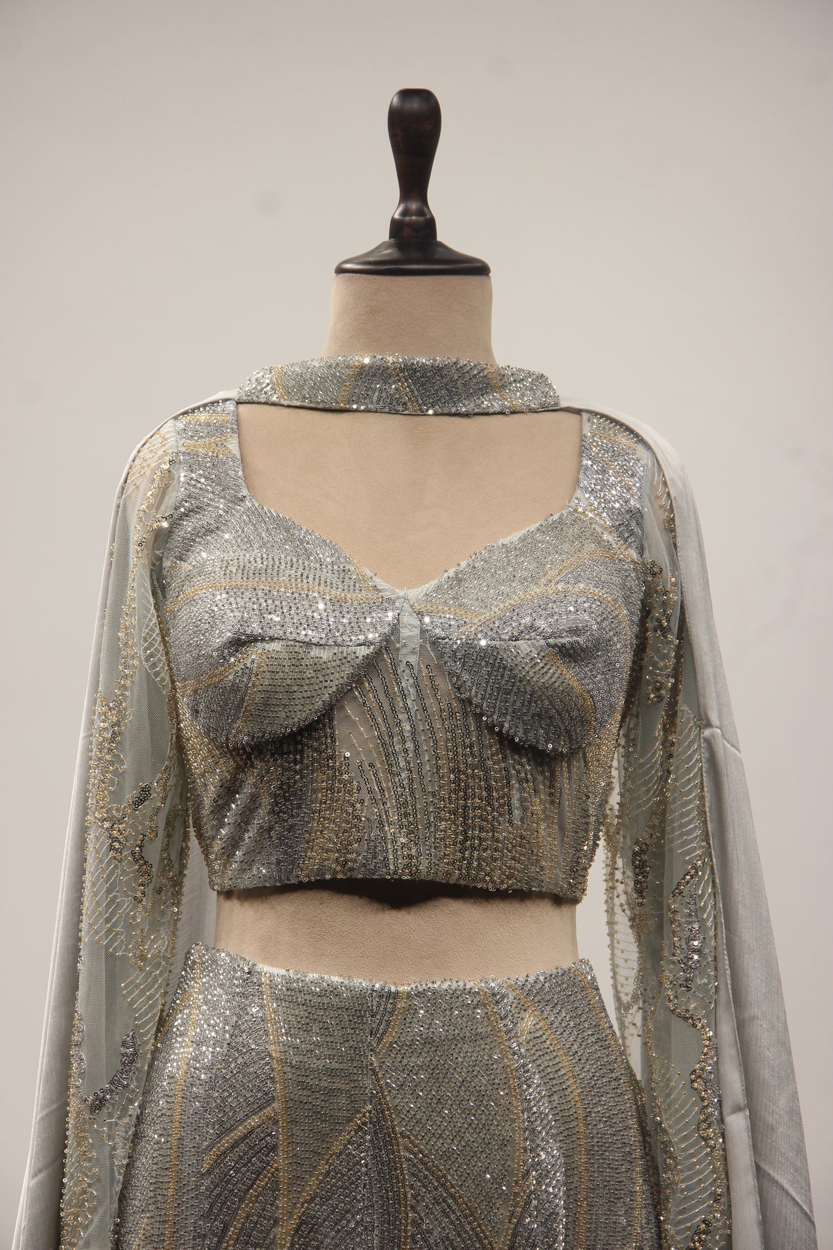 Grey Net Mermaid Lehenga with Cut Dana & Sequin Handwork Bustier – front close-up