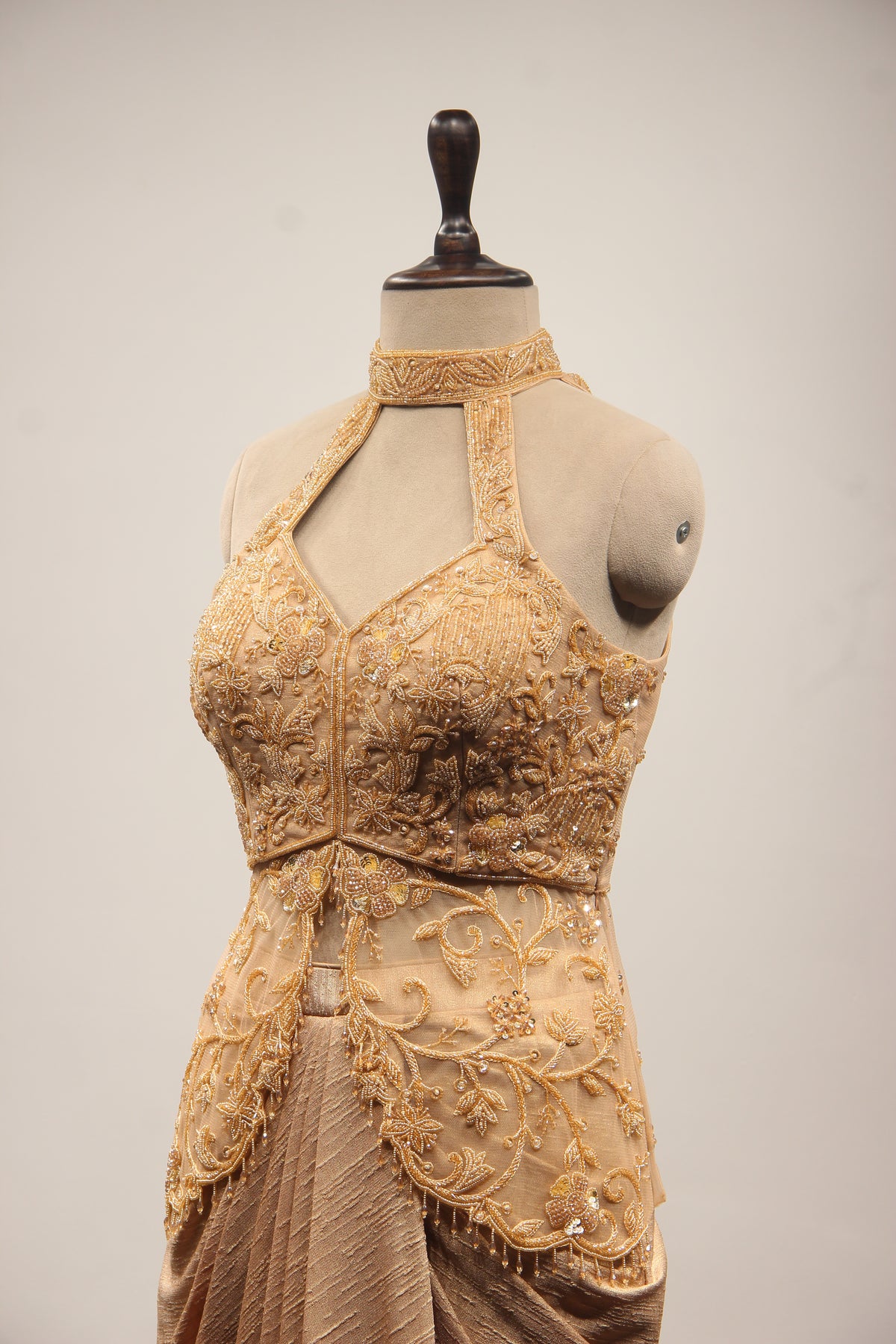 Gold Imported Halter Neck Indo Western with Cut Dana & Bead Handwork – side close-up