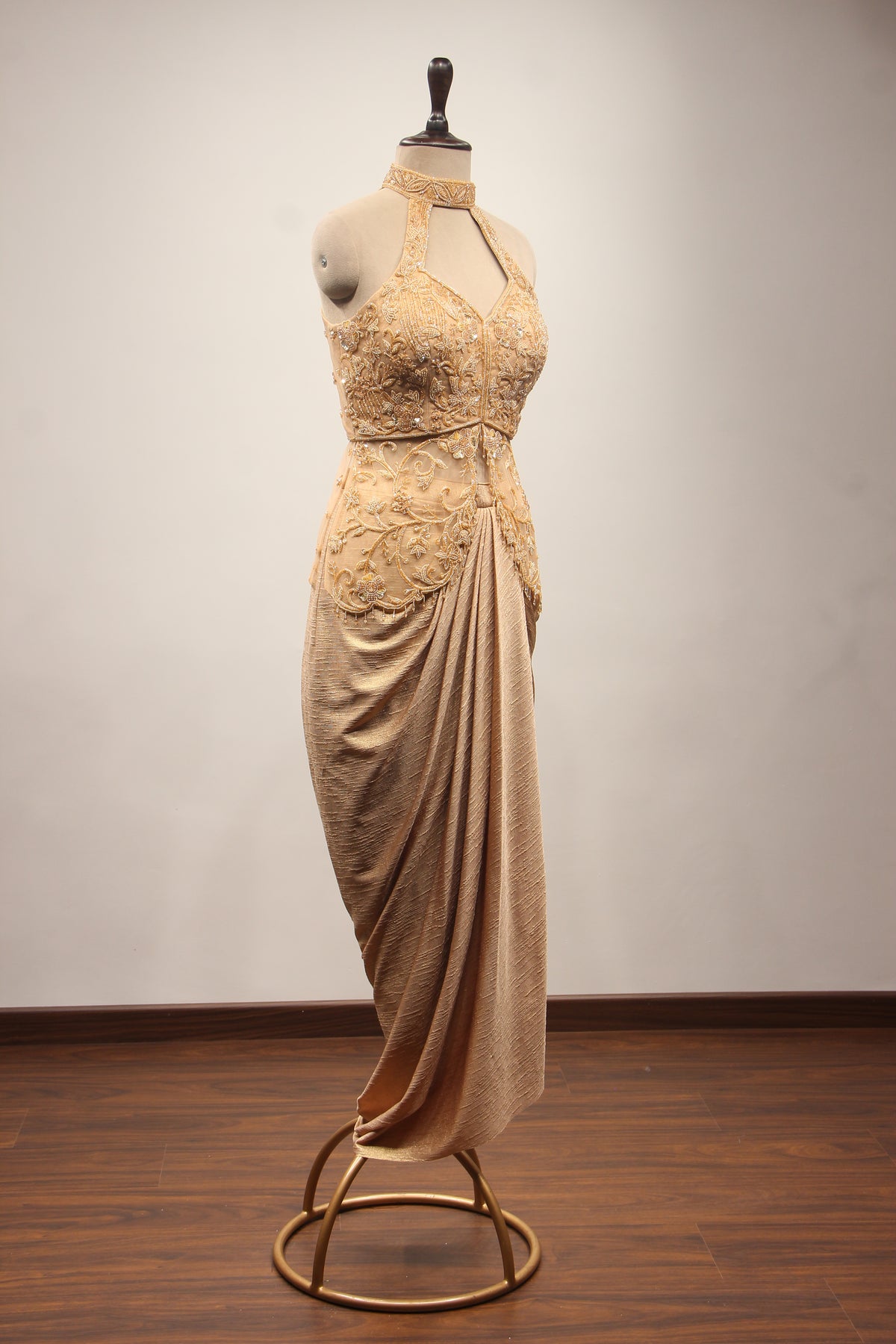 Gold Imported Halter Neck Indo Western with Cut Dana & Bead Handwork – other side view